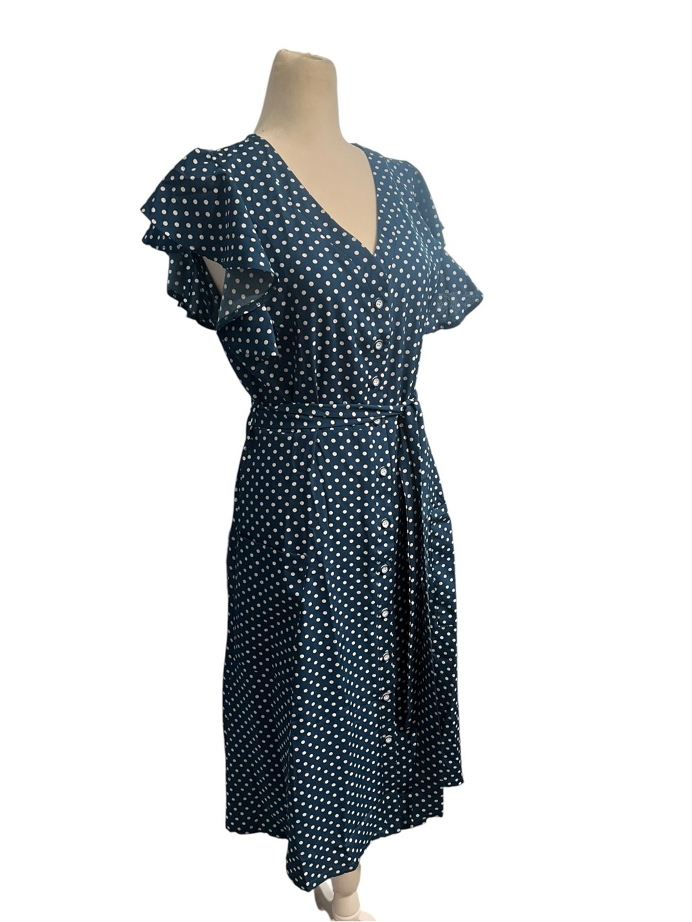 NWOT Navy Blue and White Polka Dot Midi Dress with Flutter Sleeves / Medium - Picture 3 of 7